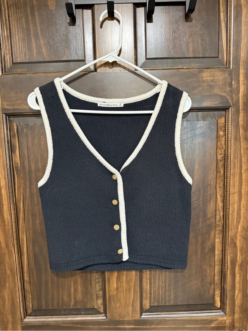 Abercrombie & Fitch Black Knit Button-Front Crop Tank with Cream Trim
